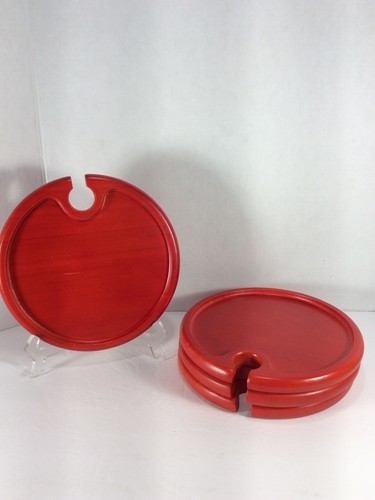 Set of 4 Bamboo Wood Wine Glass Serving Tray Plate 9" Holiday Red - Picture 1 of 7