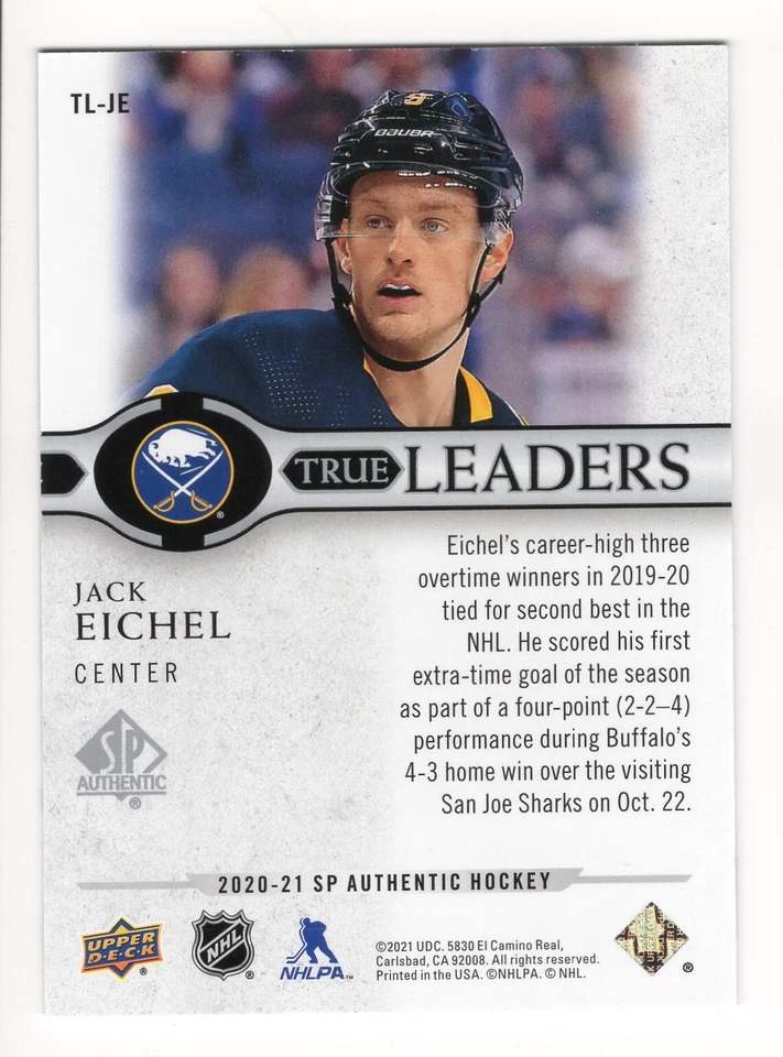 2020-21 SP Authentic Jack Eichel True Leaders TL-JE Buffalo Sabres - Image 2 of 2