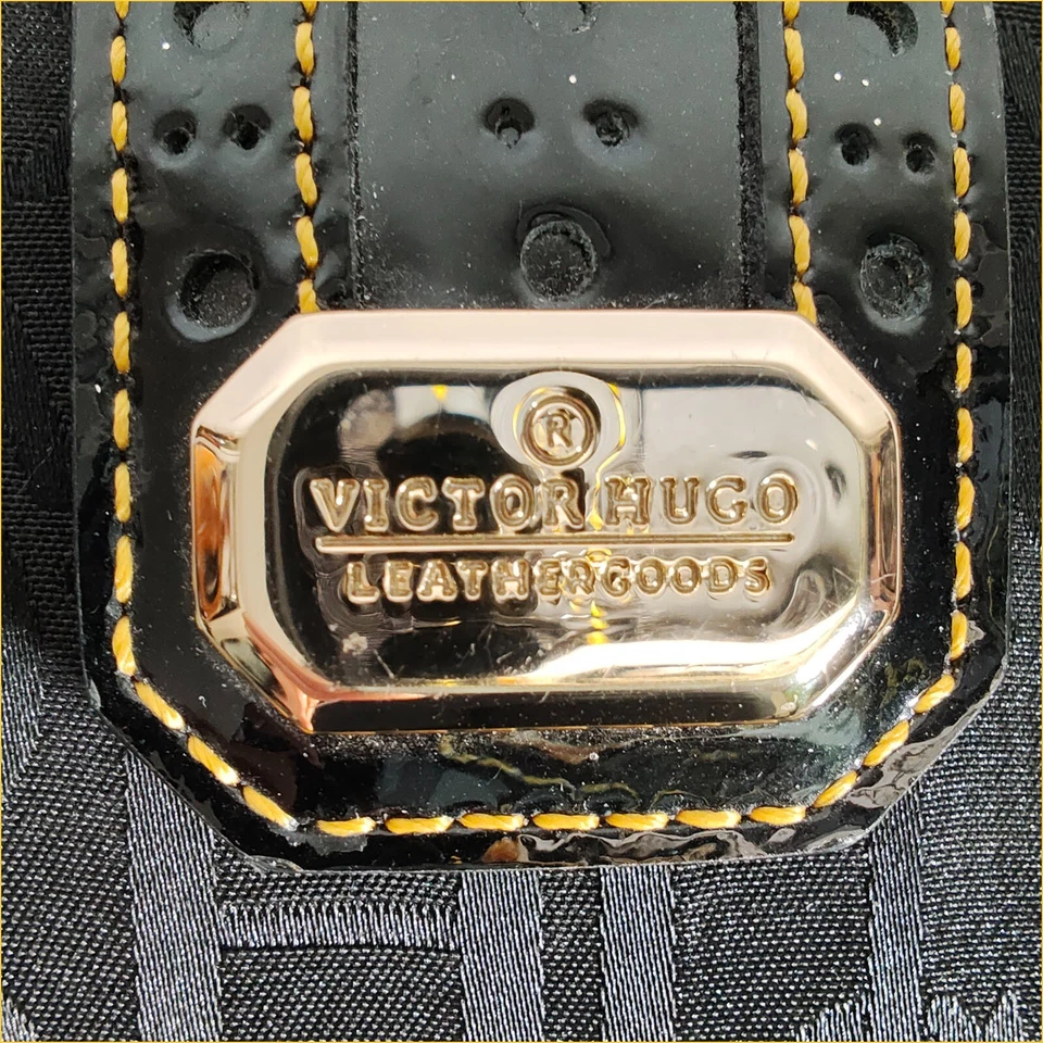 Cartera Victor Hugo One Mujer Negra Monograma Cuero Doble Pliegue Tarjeta de Crédito Logo Foto 3 de 4