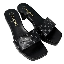 CHANEL Vintage CC Logo Open Toe Sandals 36 Heels Black Leather Slip On