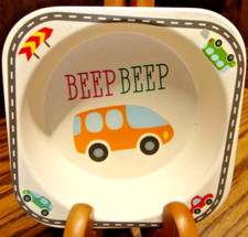 Vtg Square Child s Bowl Plastic Dish BEEP BEEP Bus Cars 7024 for 6 Mos 818