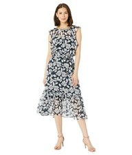 NEW TOMMY HILFIGER NAVY BLUE  FLORAL CHIFFON  FLARE MIDI DRESS SIZE 14 $139