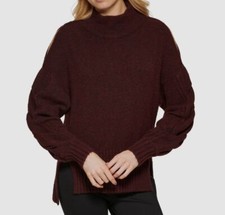 109 DKNY Women's Red Braided Mock Neck High-Low Sweater Size L