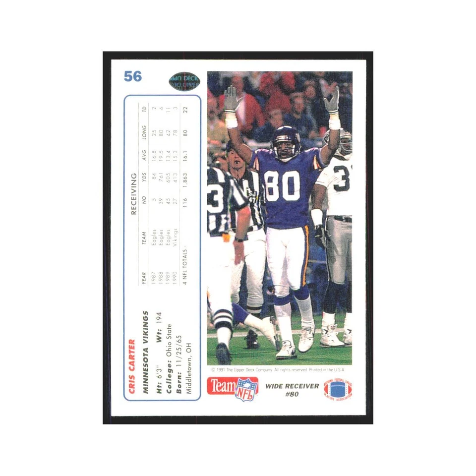 1991 Upper Deck Cris Carter Vikings #56 - Image 2 of 3