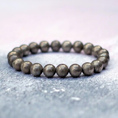 Natural Pyrite Stone 8MM Beads Healing Calming Reiki Stretch Women Men Bracelet