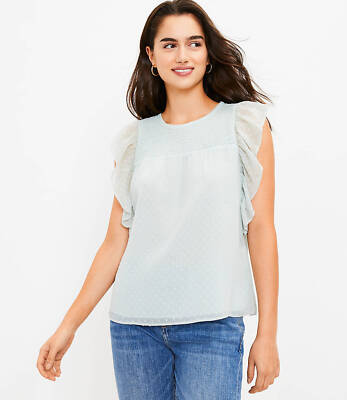 Ann Taylor LOFT Top Medium Mint Green Clip Dot Smocked Flutter Sleeve