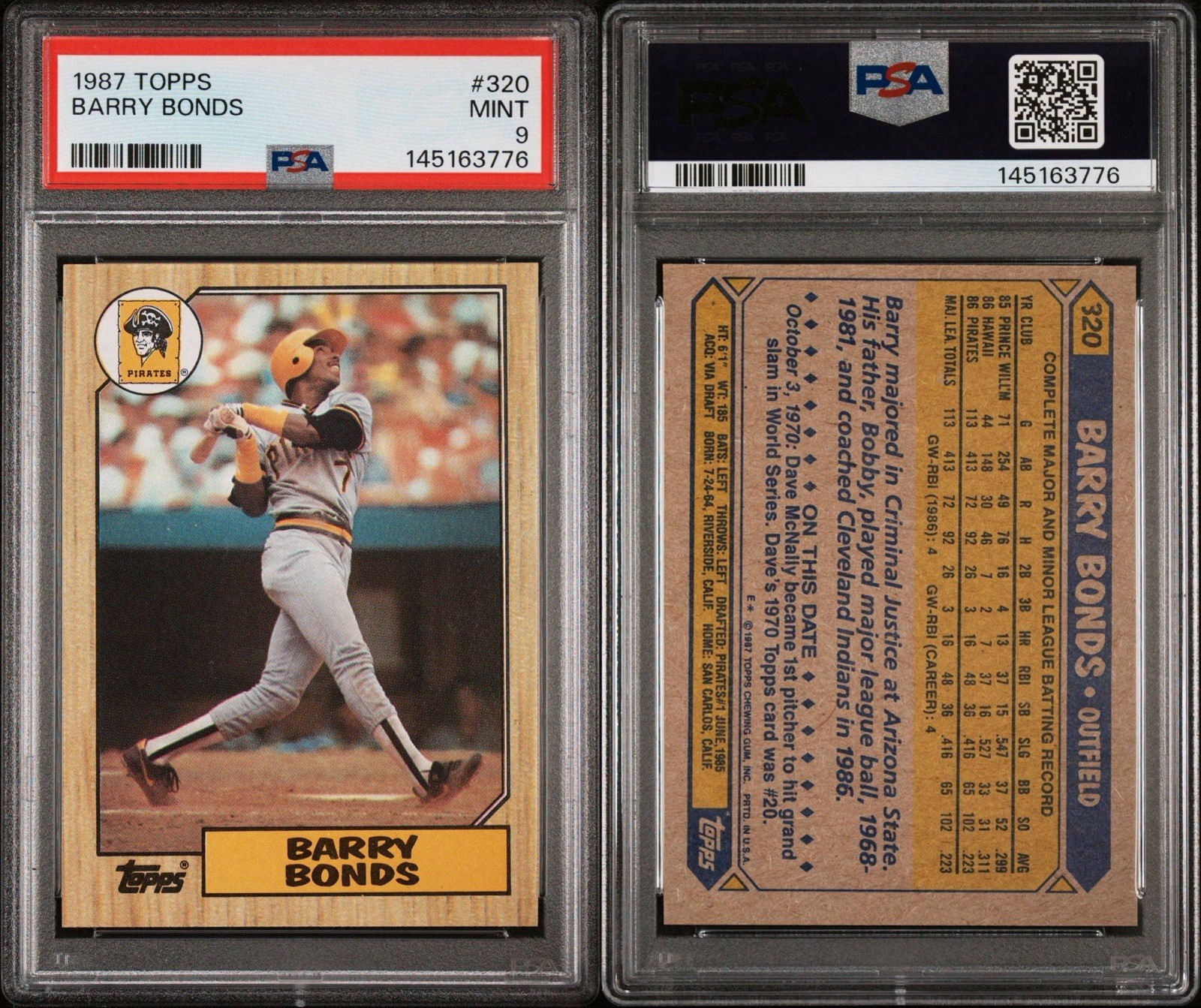 1987 Topps Barry Bonds RC #320 PSA 9 MINT Pittsburgh Pirates  view 3