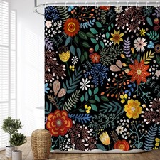 Black Floral Shower Curtain for Bathroom - Dark, Colorful, Unique Boho Set wi...