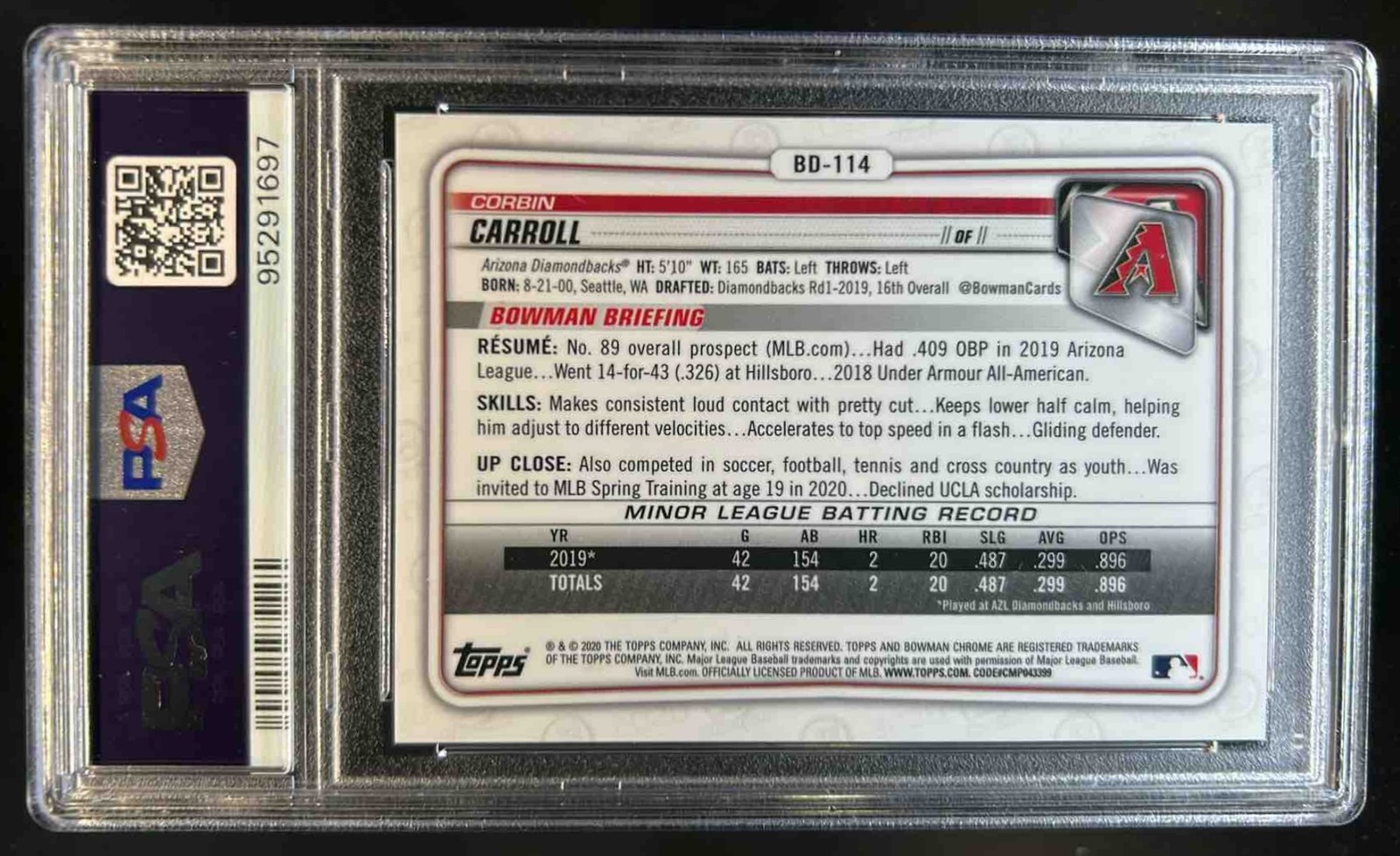 2020 Bowman Draft Sapphire Corbin Carroll Chrome Refractor Red #/5 PSA 10 view 2