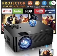 WHITE Roconia Projector WiFi Bluetooth 1080P with 100in Screen STOCK PHOTOS NEW