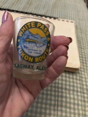 Skagway Alaska Shot Glass  White Pass Yukon Route  Round Graphic Design