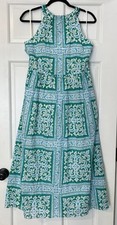 Talbots Maxi Dress 10P Green Blue Halter Medallion Fit Flare Preppy Resort Beach