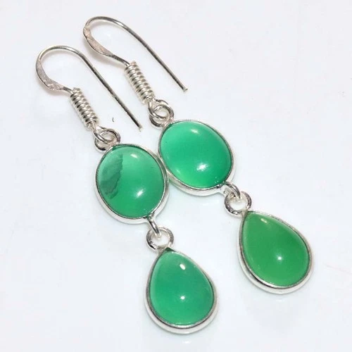 Long Green Onyx 925 Silver Plated Earrings 1.8" Gemstone Jewelry Trendy GW