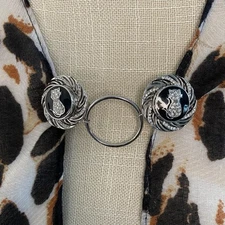 Double Shield Dress Clip Silver Tone Rhinestone Cat Enamel Cape Scarf Sweater