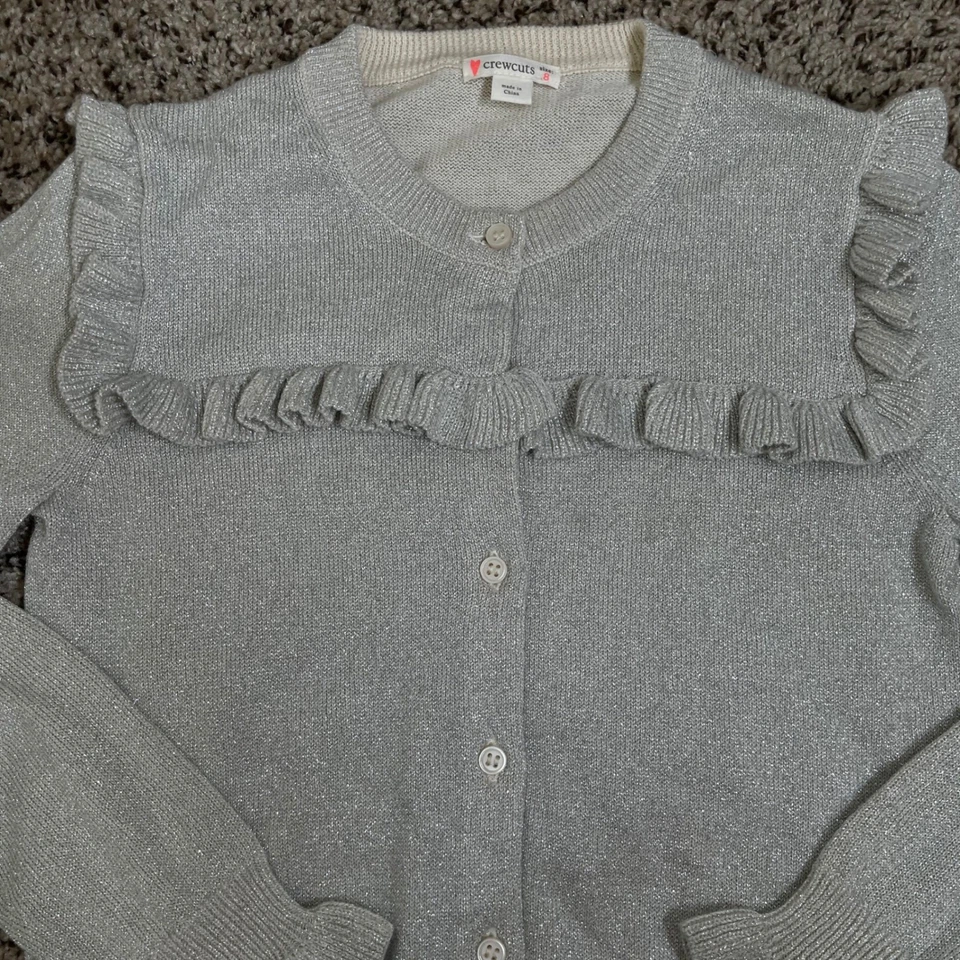 Crewcuts Silver Metallic Ruffle Cardigan Sweater Girls 8 Sparkle Holiday - Image 2 of 4