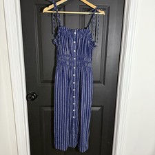 Universal Thread Navy Button Front Midi Dress Linen Tie Strap Smocked Medium