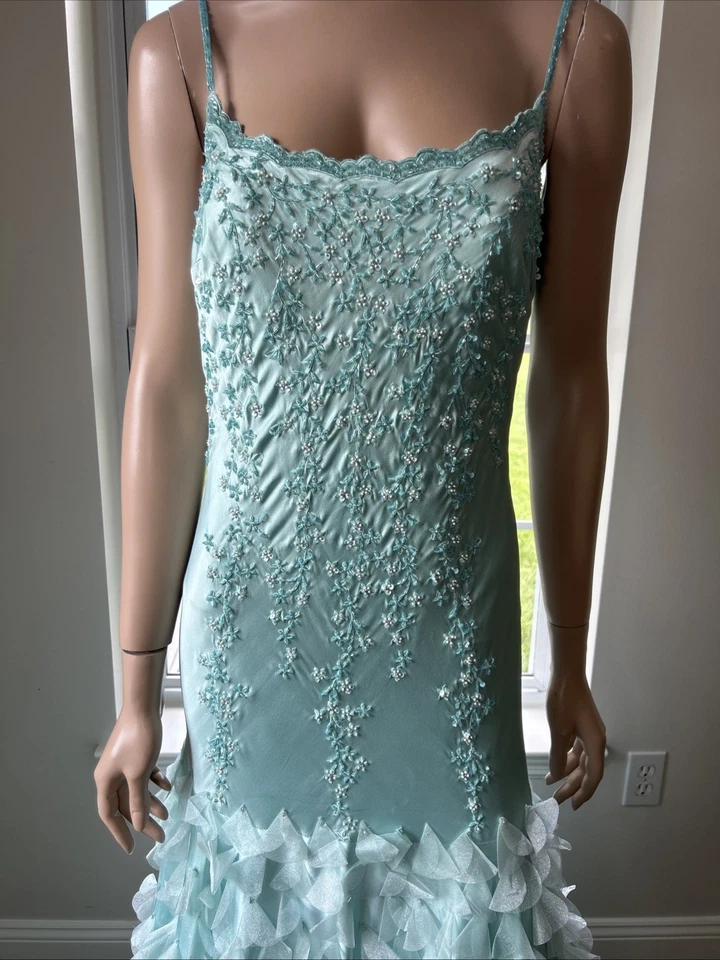 Vestido Sue Wong Y2K Seda Cuentas Noche Hada Sirena Como Nuevo Aqua Baile de graduación Talla 10 Foto 2 de 4