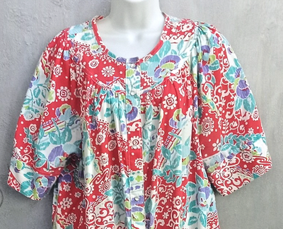 #ad 70s Colorful Bright Patchwork Print Pearl Snap House Dress Robe L XL $16.87