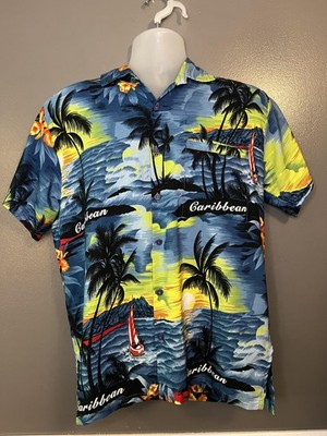 Rima Beachwear Shirt Mens Medium Blue Hawaiian Aloha Palm Trees Sunset Sailboat