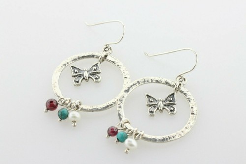 Shablool Didae Israel 925 Dangling Butterfly Bead Stones Hammered Style Earrings - Picture 3 of 8