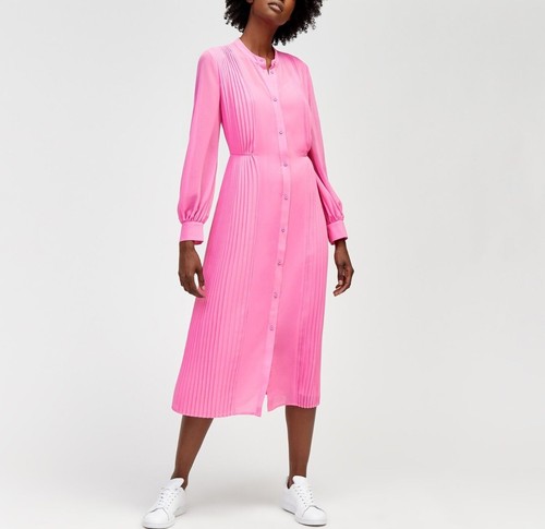 Warehouse Pink Pleated Long Sleeve Midi Button Front Shirt Dress size 10 RRP £65