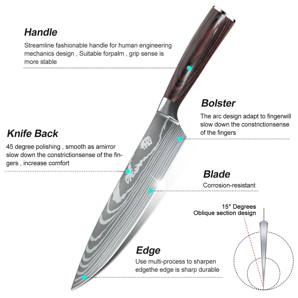 Kitchen Knife Set Japanese Damascus Pattern Chef Knives Cleaver Stainless Steel - Image 2 of 4