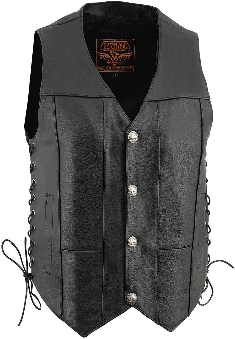 Мужской мотоциклетный жилет Milwaukee Leather 3701 с V-образным вырезом и застежками Buffalo и боковым кружевом