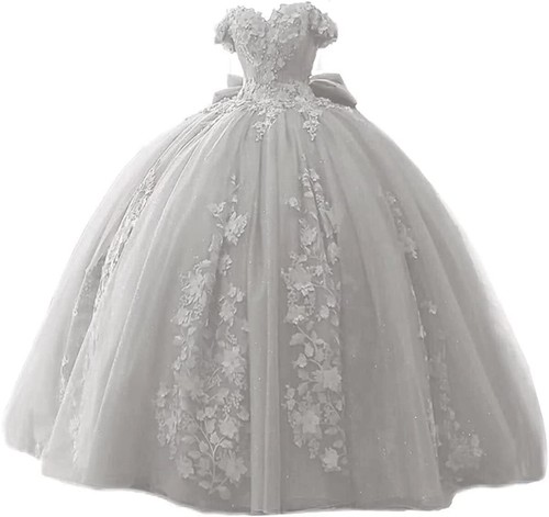 Quinceanera Lace Beaded Prom Dresses Fluffy Off Shoulder Sweet 15 16 Prom Dress - Picture 40 of 51
