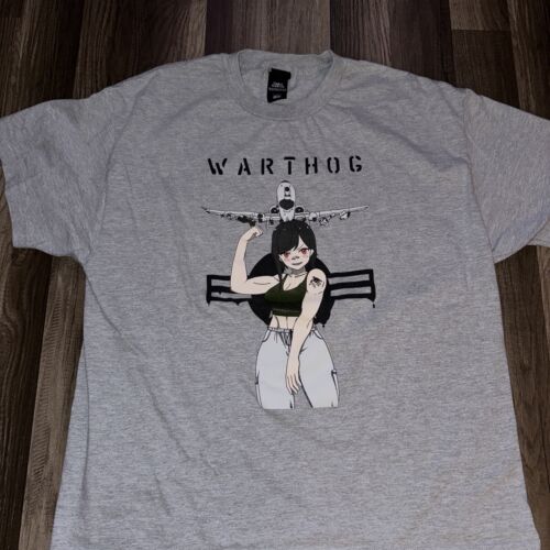 Vintage Anime Aviation T-Shirt Grey XL 23x27 Warthog War Plane Anime Girl - Picture 1 of 6