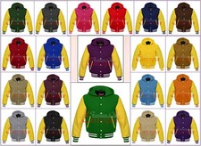 Men's Wool Varsity Hoodie Baseball Jacket Real Cowhide Leather Sleeves