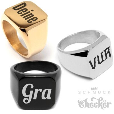 Herren Ring mit Gravur silber gold schwarz Siegelring viereckig massiv Edelstahl