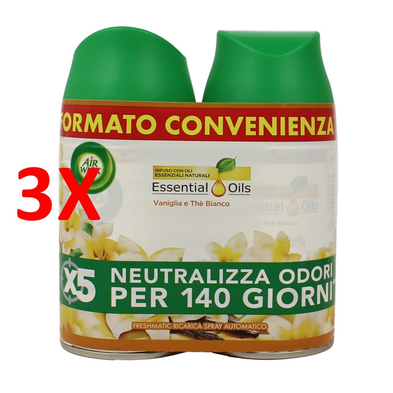 3 X Airwick Freshmatic Spray Automatico Ricarica Bipacco 2x250 Ml Vaniglia & Th