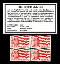 1962 - GIRL SCOUTS (GSUSA)  - Block of Four Vintage U.S. Postage Stamps