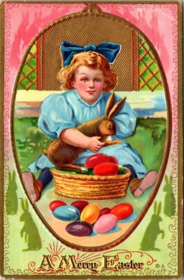 Vintage Postcard Little Girl With Egg Basket & Easter Bunny in Her Lap Nash 1910