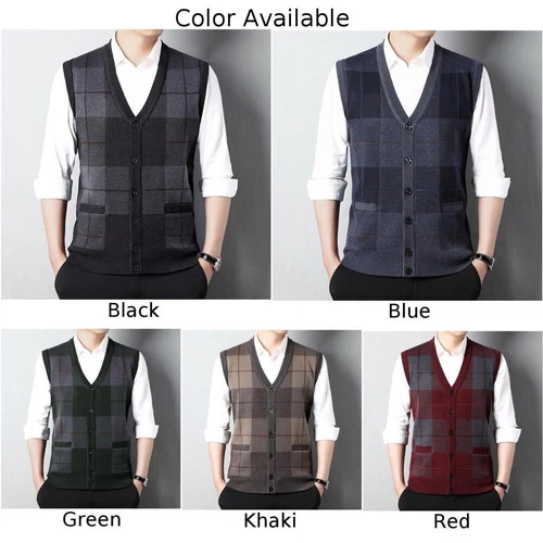 Men's Sleeveless V Neck Plaid Cardigan Sweater Vest with Knitted Waistcoat Tops - Picture 9 of 29