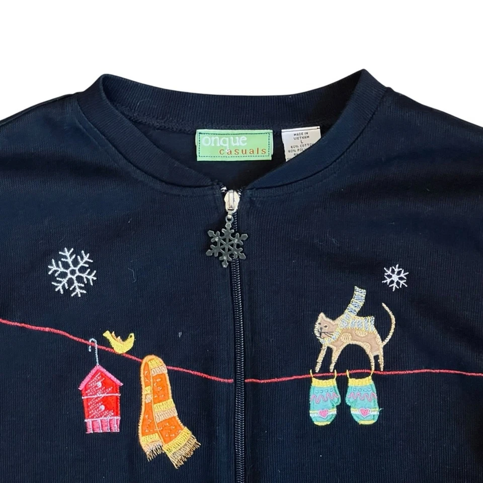 Suéter Onque Casuals Y2K Vintage Para Mujer’s L Bordado Navidad Gato Cremallera Completa Foto 3 de 4