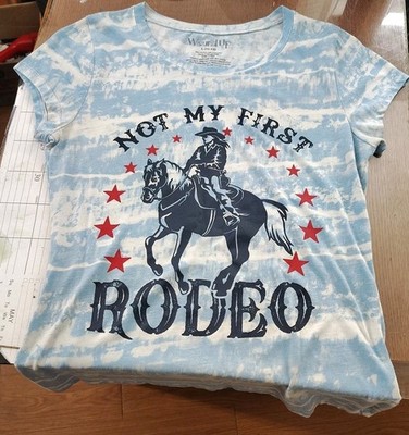 Wound Up SS Sky Blue/White Shirt Cowgirl ''Not My First Rodeo'' -Size  L (11-13)