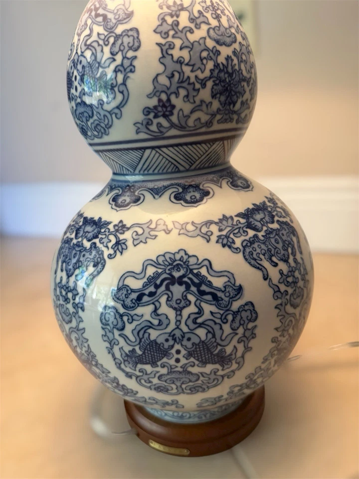 Ralph Lauren 26" Large Table Lamp Porcelain With Shade Floral Koi Blue & White - Image 4 of 4