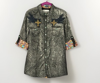Roar Fly Away Western Shirt Womens Size XL Metallic Black Wing Cross Y2K