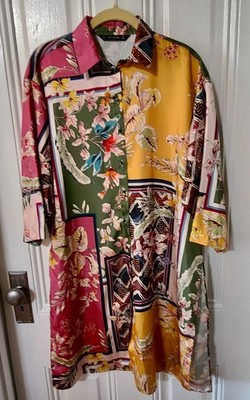 Zara Basic Women s Sz M. Colorful Silky Button Down BOHO Patchwork Long Blouse