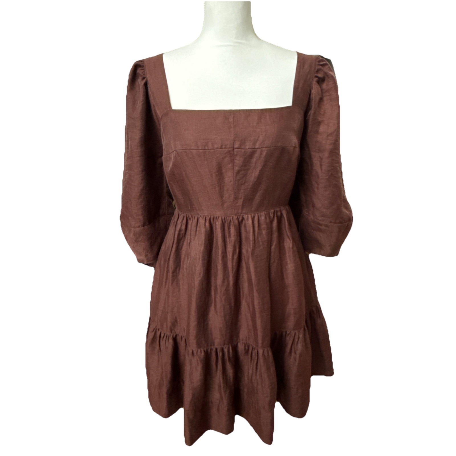 Shona Joy Women Linen Blend Mini Dress Brown Puff Sleeve Square Neck