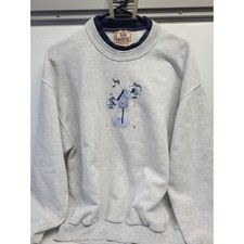 Vintage Top Stitch Morning Sun Grey Embroidered Birdhouse Cat Sweatshirt Large