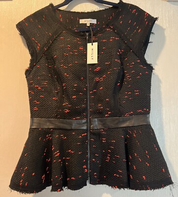 MILLY Leather Trim Speckled Tweed Sleeveless Peplum Top Jacket Black SZ 10 -NWT!