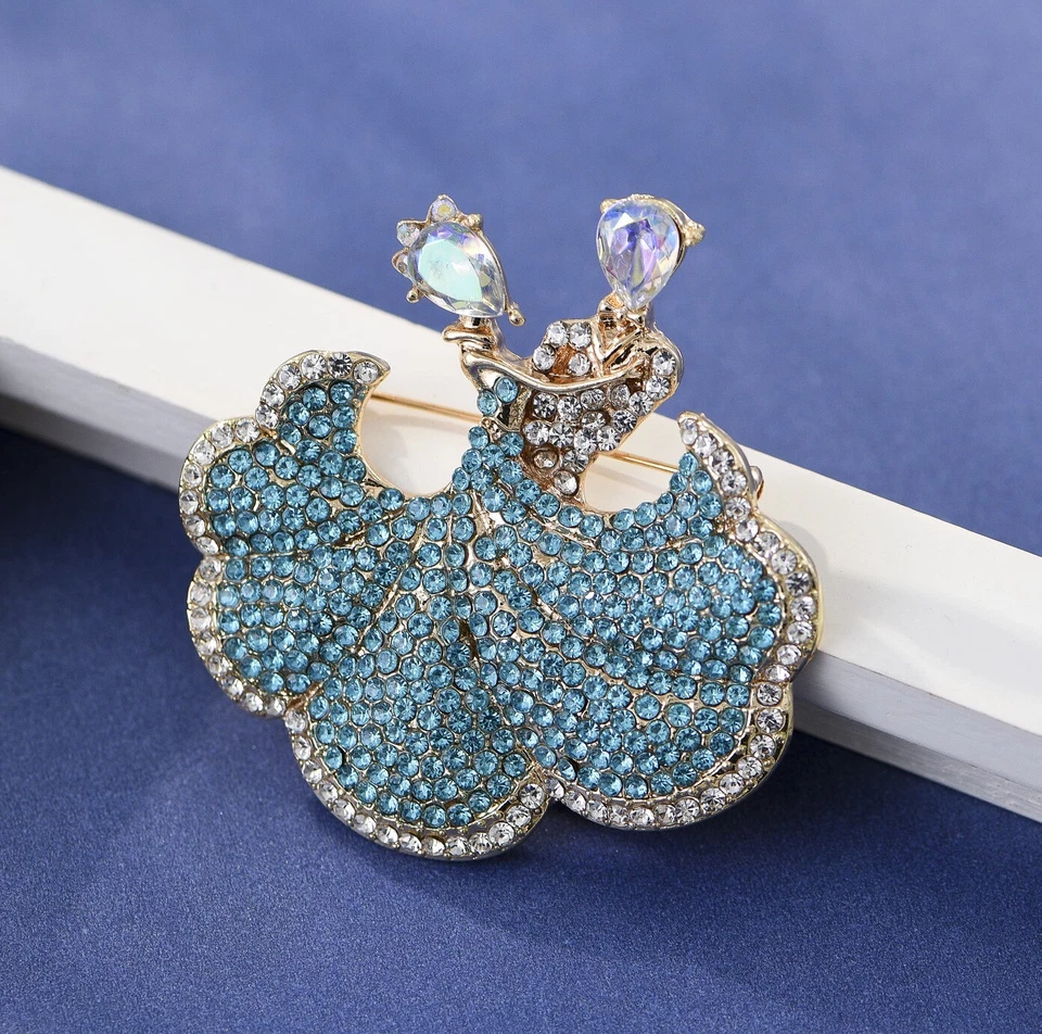 Broche de cristal strass austríaco salão de baile casal dança ouro azul P60G - Imagem 2 de 4