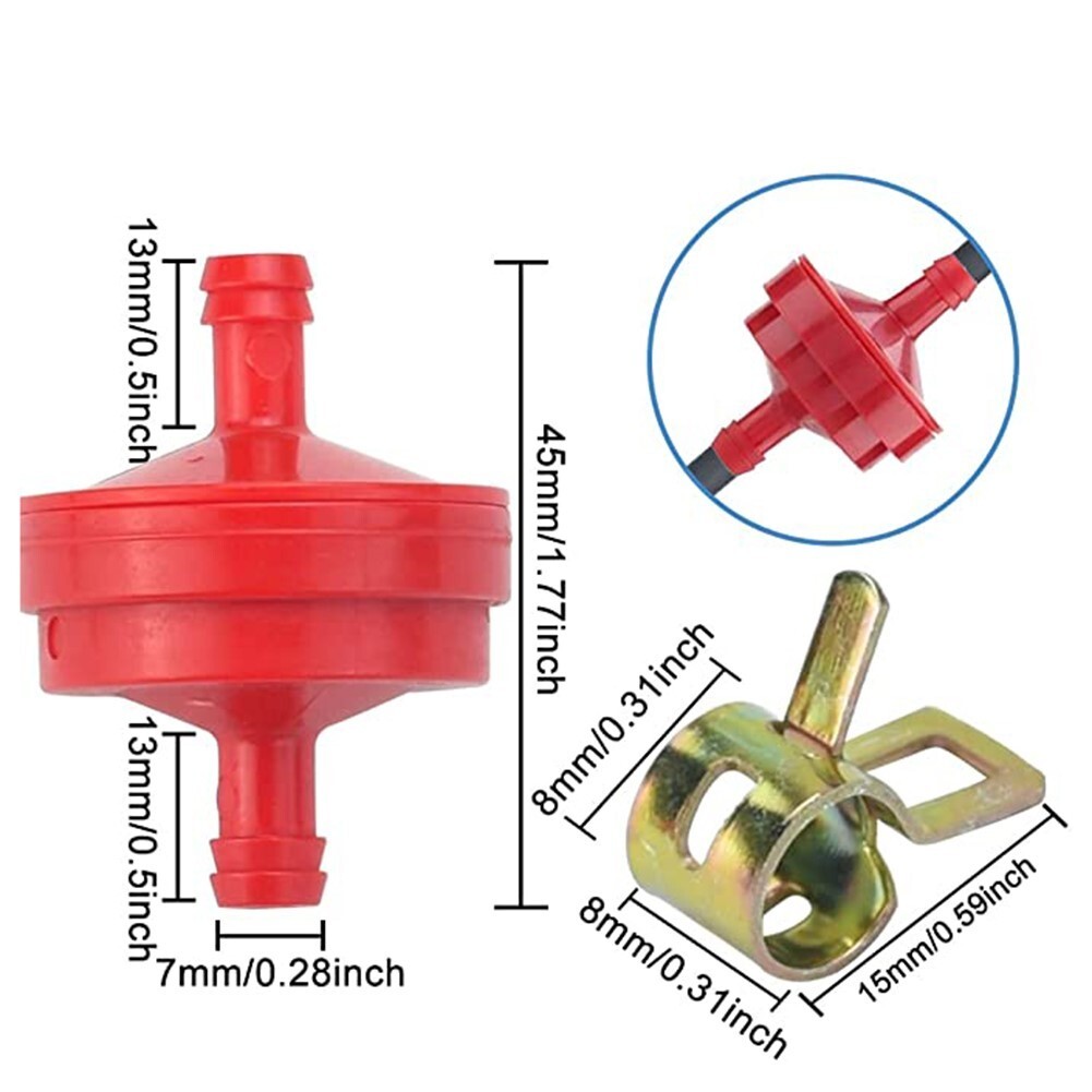 Red Inline Fuel Filter For Lawn Mower, With 20x Hose Clamps Clips 