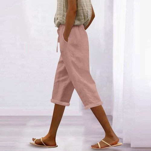 Women's Fashion Casual Loose Solid Colour Cotton Linen Drawstring 7/10 Pants - Picture 61 of 72