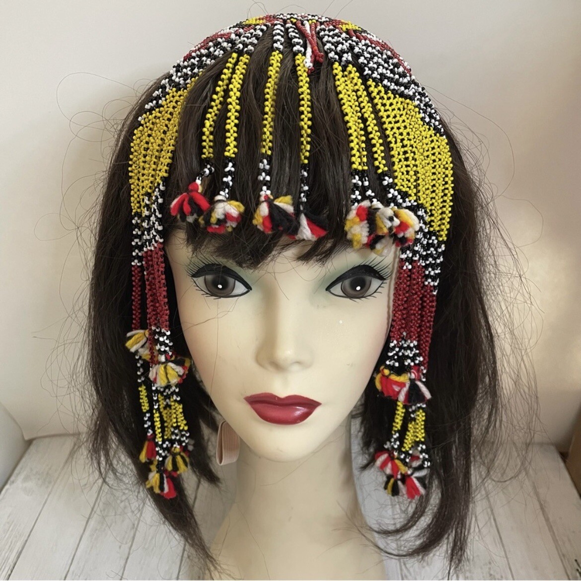 Vintage Handmade Native American Beaded Dangling Hair Comb Rare One of a Kind Handmade Beaded Barrette: Indigenous Hair Bun With Sticks  main image 3