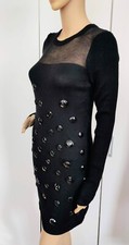 MNG Suit Black Long Sleeve Knit Large Beaded Mesh Detail Jumper Dress Size S