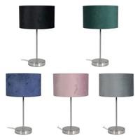 Brushed Chrome Table Lamp Metal Stem Velvet Lampshade Bedside Living Room Light