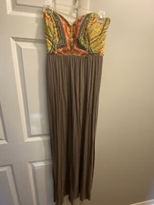 Nine West Womens Strapless Orange Yellow Sweetheart Maxi Dress Taupe 6